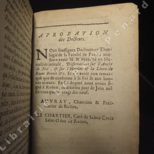 Dissertations sur l'Arche de Noé et sur l'Hemine et la livre de S. Benoist. Dans l'une on examine plusieurs questions curieuses, dont la décision prouve la matière, la capacité, la figure ou la disposition de cette Arche; le nombre des animaux, & la quantité des provisions qu'on y renferma; la durée & la vérité du Déluge universel : Et dans l'autre on démontre par des raisonnements solides, & par d'excelentes Autoritez; que cette Hemine & cette Livre, ont été de la capacité & de la pesanteur de vingt onces Romaines.