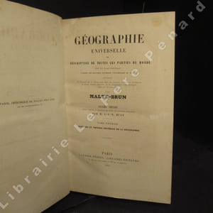Géographie Universelle ou description de toutes les parties du monde sur un plan nouveau, d'après les grandes divisions naturelles du Globe; précédée de l'histoire de la Géographie chez les peuples anciens et modernes et d'une théorie générale de la Géographie mathématique, physique et politique (7 volumes). Tome 1 : Histoire et théorie générale de la géographie - Tome 2 : Description de l'Europe - Tome 3 : Description de l'Europe - Tome 4 : Description de l'Europe et de l'Asie occidentale - Tome 5 : Asie orientale et Afrique - Tome 6 : Description des deux Amériques, Océanie, Table générale - Atlas : 86 planches (72 cartes)