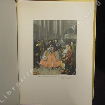 Ensemble de huit menus de la Compagnie maritime ADRIATICA NAVIGAZIONE (Venezia) avec premier plat décoré d'une reproduction de tableau italien. Texte ...