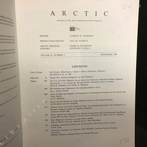 ARTIC Volume 42, Number 3 :  Editorial: Thank You, Gordon Hodgson! (M.P. Robinson) - The Use of Radio Telemetry as an Aid in the Retrieval of Bowhead Whales (Balaena Mysticetus) Struck during the Annual Eskimo Subsistence Hunt in Alaska (Erich H. Follmann, Arthur E. Manning) - Bilingualism and Diglossia in the Canadian Eastern Arctic (Louis-Jaques Dorais) -  Arctic Canada and Zambia: A Comparison of Development Processes in the Fourth and Third Worlds (Lee E. Weissling) -  Rapid Natural Decline of Upper Montane Forests in the Swedish Scandes (Leif Kullman, Nils Högberg) -  Siberian Goats and North American Deer: A Contextual Approach to the Translation of Russian Common Names for Alaskan Mammals (Catherine Holder Blee)    Baffin Island Fjord Macrobenthos: Bottom Communities and Environmental Significance (James P.M. Syvitski, George E. Farrow, R.J.A. Atkinson, P.G. Moore, J.T. Andrews) -  Molt Migration of Scoters at Cape Peirce, Alaska (Dale R. Herter, Scott M. Johnston, A. Peter Woodman) -   A Benign, Small-Scale Power Unit for the Arctic: The Carnot Cycle Concept (G.S.H. Lock) -  Investment Strategies for Northern Cash Windfalls: Learning from the Alaskan Experience (Michael Robinson, Michael Pretes, Wanda Wuttunee) -  Influence du couvert de glace sur l'étendue du panache de La Grande Rivière (baie James) [Influence of Ice Cover on the Extent of the Plume of La Grande Riviere (James Bay)] (Danielle Messier, Serge Lepage, Sylvain De Margerie)  