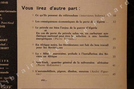 Le Charivari Tous unis dans l'Algérie Algérienne et nouvelle...Ce qu'ils pensent du référendum (interview bidon) - Les conséquences économiques de la perte de l'Algérie et En cas de perte du pétrole saharien, un carburant synthétique national peut être la solution à nos besoins énergétique (Pierre Fontaine) - En Afrique noire, les occidentaux ont fait du bon travail pour les soviétiques - La "Siba" marocaine, prélude à l'installation des Soviets en Afrique - New-York, quartier général de la subvsersion africaine - L'automobiliste, pigeon, dindon, mouton (André Figueras) - etc...