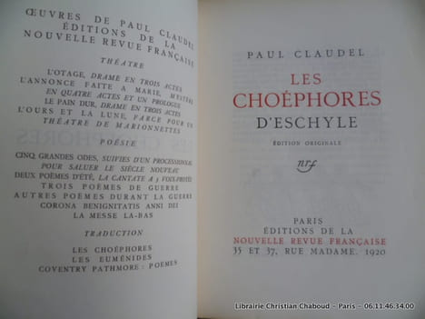 Les Choéphores d'Eschyle. Edition Originale. Paul Claudel
