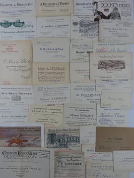 Important lot de cartes de visite commerciales, années 20, françaises et étrangères, concernant tous métiers autour de la passementerie.. Anonyme.