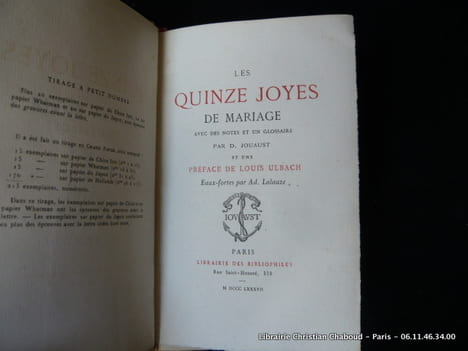 LES QUINZE JOYES DE MARIAGE. Avec des notes et un glossaire par D. Jouaust et une préface de Louis Ulbach. Eaux-fortes par Ad. Lalauze.. Anonyme