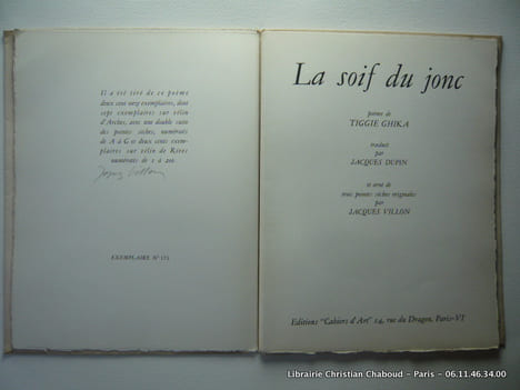 La soif du jonc. Poème de Tiggie Ghika orné de trois pointes sèches par Jacques Villon. GHIKA Tiggie - VILLON Jacques