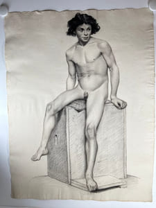 (DESSIN ORIGINAL XIX) Etude académique d'après nature. Jeune homme nu assis.