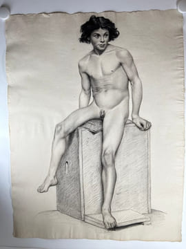 (DESSIN ORIGINAL XIX) Etude académique d'après nature. Jeune homme nu assis.. Abel Marie Nicolas BOULINEAU (Auberive 1839- Neuilly-sur-Seine 1934)