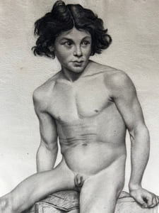 (DESSIN ORIGINAL XIX) Etude académique d'après nature. Jeune homme nu assis.