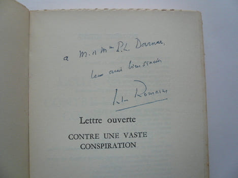 Lettre ouverte contre une vaste conspiration. Envoi de l'auteur à Pierre Laurent Darnar du Dauphiné Libéré. . Jules ROMAINS