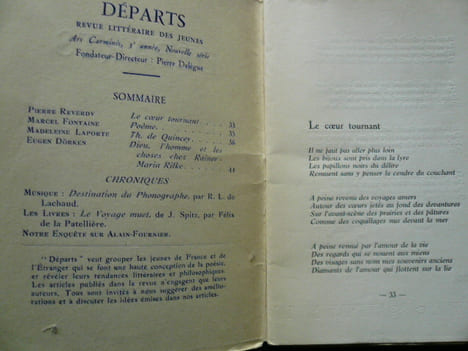 Départs II, mars-avril 1931. Revue Littéraire des Jeunes. Textes de : Pierre Reverdy "Le coeur tournant" / Marcel Fontaine "Poème" / Madeleine ...
