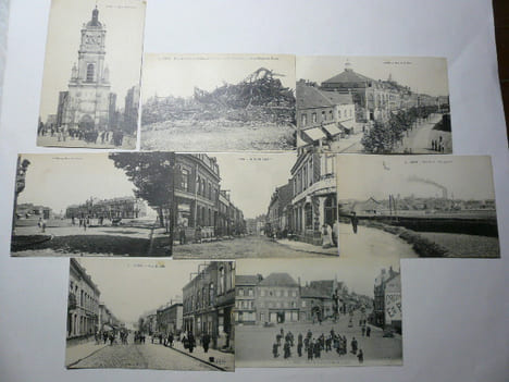 Réunion de 13 cartes postales anciennes (années 20) représentant la ville de LENS (Pas-de-Calais) : Corons, Bvd des Ecoles-Marché aux Légumes, Rue de ...