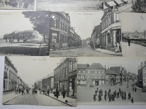 Réunion de 13 cartes postales anciennes (années 20) représentant la ville de LENS (Pas-de-Calais) : Corons, Bvd des Ecoles-Marché aux Légumes, Rue de ...
