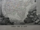 CARTE HISTORIEE - 01 DEPARTEMENT DE l'AIN. Carte ancienne (53x36cm) sur acier de l'ATLAS NATIONAL ILLUSTRÉ de Victor LEVASSEUR. 1852. Coloris manuels ...