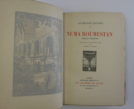 Numa Roumestan. Moeurs parisiennes. Frontispice gravé sur bois par Pierre Gusman. Ornements typographiques dessinés et gravés sur bois par Maurice de ...