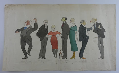 Dessin original aquarellé sur papier chiffon, représentant avec humour une ébauche de sept personnages (et un chien de dos) des années vingt.