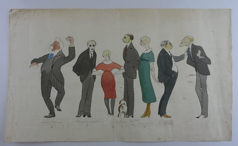 Dessin original aquarellé sur papier chiffon, représentant avec humour une ébauche de sept personnages (et un chien de dos) des années vingt.. ...