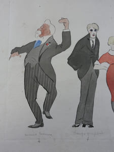 Dessin original aquarellé sur papier chiffon, représentant avec humour une ébauche de sept personnages (et un chien de dos) des années vingt.