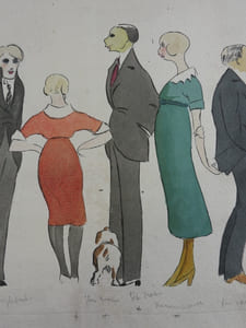Dessin original aquarellé sur papier chiffon, représentant avec humour une ébauche de sept personnages (et un chien de dos) des années vingt.
