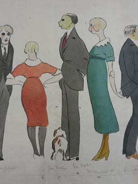 Dessin original aquarellé sur papier chiffon, représentant avec humour une ébauche de sept personnages (et un chien de dos) des années vingt.. ...