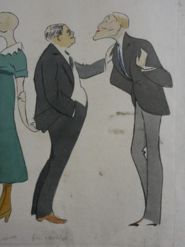 Dessin original aquarellé sur papier chiffon, représentant avec humour une ébauche de sept personnages (et un chien de dos) des années vingt.. ...