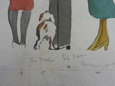 Dessin original aquarellé sur papier chiffon, représentant avec humour une ébauche de sept personnages (et un chien de dos) des années vingt.. ...