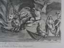 Gravure originale 18e siècle. Vue des Enfers. 7e Vue d'optique nouvelle, représentant la descente d'Oenée aux Enfers, avec le Palais de Pluton dans ...
