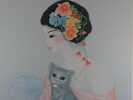 Mara Tran Long, lithographie originale sur vélin de Rives, représentant une jeune fille portant un chaton, numérotée 58/200 et signée par l'artiste au ...
