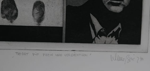 Klaus Böttger. Lithographie originale sur vélin, "Tatort mit Motiv und Verdächtigen", numérotée 106/150 et signée par l'artiste au crayon