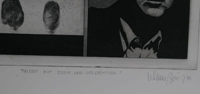 Klaus Böttger. Lithographie originale sur vélin, "Tatort mit Motiv und Verdächtigen", numérotée 106/150 et signée par l'artiste au crayon