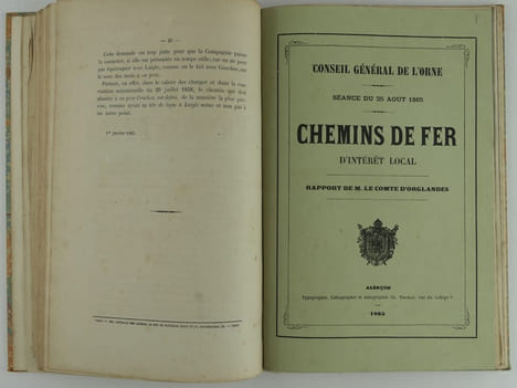 CHEMINS DE FER de l'ORNE. Réunion de 9 publications du milieu du 19e siècle, autour de la création des lignes de chemins de fer dans l'Orne. 1) ...
