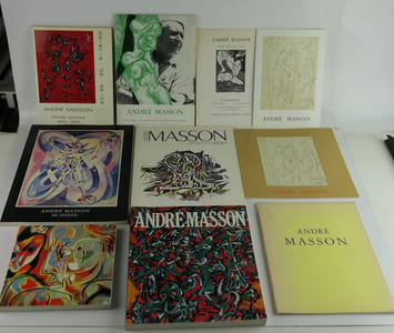ANDRE MASSON. Réunion de 8 catalogues. 1) Festival de Lyon, André Masson, Musée de Lyon 1967. Préface de Daniel-Henry Kahnweiler, 22 figures nb. 2) André Masson, Musée Cantini - Marseille, juillet-août-septembre 1968. 77 reproductions nb.   3) André Masson, Cat. d'exposition Galleria Schwarz, dal 4 guigno al 30 settembre 1970, Milano, 35p.  4) André Masson Période asiatique 1950-1959, Galerie de Seine, 26 avril - 27 mai 1972. Texte de F. Will-Levaillant.   5) André Masson 200 dessins, Musée d'Art Moderne de la Ville de Paris. Cat. d'exposition du 10 juin au 12 septembre 1976.   6) André Masson Galeries Nationales du Grand Palais, 5 mars - 2 mai 1977, 233p.  7) André Masson Mythes et Chimères, Artcurial, mars-avril 1986, 47p.  8) André Masson et le livre. Dessins et projets originaux. 16 nov. - 24 déc 2004. Claude Oterelo. Texte de Bernard Noël. Tiré à 750ex.