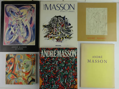 ANDRE MASSON. Réunion de 8 catalogues. 1) Festival de Lyon, André Masson, Musée de Lyon 1967. Préface de Daniel-Henry Kahnweiler, 22 figures nb. 2) André Masson, Musée Cantini - Marseille, juillet-août-septembre 1968. 77 reproductions nb.   3) André Masson, Cat. d'exposition Galleria Schwarz, dal 4 guigno al 30 settembre 1970, Milano, 35p.  4) André Masson Période asiatique 1950-1959, Galerie de Seine, 26 avril - 27 mai 1972. Texte de F. Will-Levaillant.   5) André Masson 200 dessins, Musée d'Art Moderne de la Ville de Paris. Cat. d'exposition du 10 juin au 12 septembre 1976.   6) André Masson Galeries Nationales du Grand Palais, 5 mars - 2 mai 1977, 233p.  7) André Masson Mythes et Chimères, Artcurial, mars-avril 1986, 47p.  8) André Masson et le livre. Dessins et projets originaux. 16 nov. - 24 déc 2004. Claude Oterelo. Texte de Bernard Noël. Tiré à 750ex.