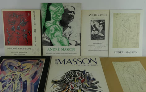 ANDRE MASSON. Réunion de 8 catalogues. 1) Festival de Lyon, André Masson, Musée de Lyon 1967. Préface de Daniel-Henry Kahnweiler, 22 figures nb. 2) André Masson, Musée Cantini - Marseille, juillet-août-septembre 1968. 77 reproductions nb.   3) André Masson, Cat. d'exposition Galleria Schwarz, dal 4 guigno al 30 settembre 1970, Milano, 35p.  4) André Masson Période asiatique 1950-1959, Galerie de Seine, 26 avril - 27 mai 1972. Texte de F. Will-Levaillant.   5) André Masson 200 dessins, Musée d'Art Moderne de la Ville de Paris. Cat. d'exposition du 10 juin au 12 septembre 1976.   6) André Masson Galeries Nationales du Grand Palais, 5 mars - 2 mai 1977, 233p.  7) André Masson Mythes et Chimères, Artcurial, mars-avril 1986, 47p.  8) André Masson et le livre. Dessins et projets originaux. 16 nov. - 24 déc 2004. Claude Oterelo. Texte de Bernard Noël. Tiré à 750ex.