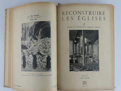 Cahiers de l'Art Sacré. 26 numéros simples et doubles reliés en un volume par ordre chronologique et par thème. 1945 : N°3 Oeuvres Nouvelles et Artistes Nouveaux (1939-1945) (3e trim.)1946 : N°7 Tendances actuelles de l'Art Chrétien (août-sept.) / N°8 Points de vue actuels sur l'Art ancien (oct.) / N°9 L'éducation artistique du Clergé (nov.)1945 : N°1 Reconstruire les Eglises I. L'esprit et les prinicipes - L'Eglise dans la Cité (3e trim.).1946 : N°4 Reconstruire les Eglises II. Le Plan de l'Eglise et du Centre Paroissial (1er trim.) / N°10 Reconstruire les Eglises III. Formes de l'Architecture religieuse moderne (déc.) / N°5 L'éclairage des églises (2e trim.).1947 : N°1-2, Reconstruire les Eglises IV. L'exemple de la Suisse alémanique.(janv.-fév.) / N°3 Le zèle de la Maison de Dieu, (mars) / N°4-5 Recherche du Sacré (avril-mai). N°8-9 L'Eglise, Maison du Peuple de Dieu (août-sept.). / N°10 L'éducation artistique du Clergé et des Fidèles. Explication de la décadence, (oct.).1948 : N°1-2 Leçons actuelles des Arts anciens (janvier-fév.) / N°3-4 Bilan de l'époque 1920-1940 (mars-avril) / N°5-6 A la Recherche de la Tradition (mai-juin) 1949 : N°1-2 Reconstruire les Eglises V. La décoration des églises (sept.-oct.) / N°3-4 Cimetières et tombeaux (nov.-déc.)1950 : N°1-2 Assy, (sept.-oct.) / N°3-4 Allemagne 1950 (nov.-déc.) / N°5-6, Devant l'art profane (janv.-fév.) / N°7-8 Pour la beauté de la Maison de Dieu (mars-avril) / N°9-10 Le Prêtre et la création artistique (mai-juin) / N°11-12 Au régime de la pauvreté (juillet-août)1951 : N°5-6 L'art sacré et son public (janv.-fév.) / N°7-8 Le douloureux problème des arts missionnaires (mars-avril). Photos H. Cartier-Bresson.