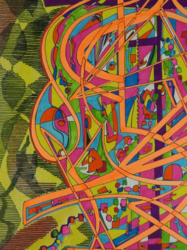 ART PSYCHEDELIQUE. Dessin original en technique mixte (crayon gras, feutre, encre et fluo). Non signé.. Anonyme