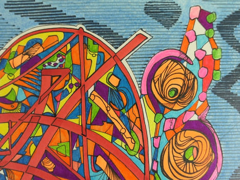 ART PSYCHEDELIQUE. Dessin original en technique mixte (crayon gras, feutre, encre et fluo). Non signé.. Anonyme
