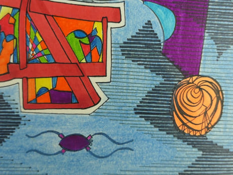 ART PSYCHEDELIQUE. Dessin original en technique mixte (crayon gras, feutre, encre et fluo). Non signé.. Anonyme