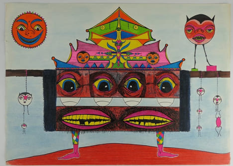 ART PSYCHEDELIQUE. Dessin original en technique mixte (crayon gras, feutre, encre et fluo). Non signé.. Anonyme
