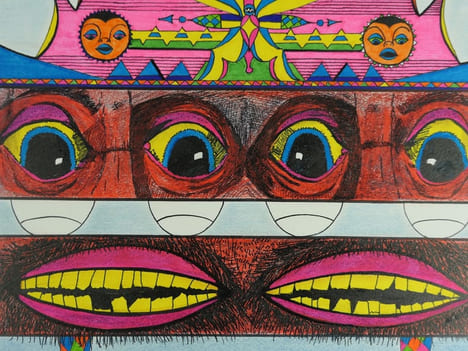 ART PSYCHEDELIQUE. Dessin original en technique mixte (crayon gras, feutre, encre et fluo). Non signé.. Anonyme