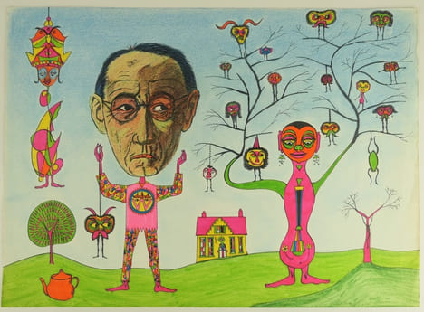 ART PSYCHEDELIQUE. Dessin original en technique mixte (crayon gras, feutre, encre et fluo). Non signé.. Anonyme
