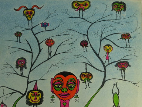 ART PSYCHEDELIQUE. Dessin original en technique mixte (crayon gras, feutre, encre et fluo). Non signé.. Anonyme
