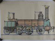 Dessin original. Travail d'élève de l'Ecole Saint Nicolas, présentant un projet de locomotive à vapeur.  par Anonyme - Image 1