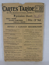 Carte Taride Routière n°22 . Pyrénées (Ouest) Carte dépliante en couleurs  70 x 90 cm. Echelle 1 / 250000e. Distances kilométriques. tirage en 5 couleurs. (circa 1920)