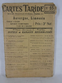 Carte Taride Routière n°15. Auvergne, Limousin Carte entoilée en 5couleurs  70 x 90 cm. Echelle 1 / 250000e. Distances kilométriques. Tirage en 5 couleurs. (circa 1920)