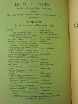 Les Ecrits Français. Revue Mensuelle. 1ère année. Numéro 1 du 5 décembre 1913. Direction : L. de Monti de Rézé, Marc Brésil, Louis de Gonzague Frick