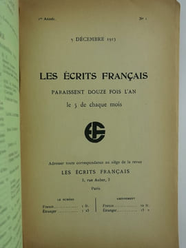 Les Ecrits Français. Revue Mensuelle. 1ère année. Numéro 1 du 5 décembre 1913. Direction : L. de Monti de Rézé, Marc Brésil, Louis de Gonzague Frick