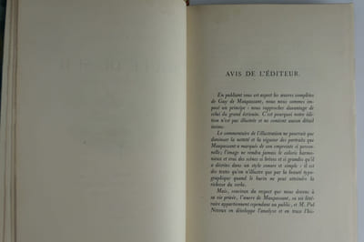 OEUVRES COMPLETES de Guy de Maupassant. Augmentées de Notes, de la Correspondance et de 35 Nouvelles inédites, Ecrites de 1881 à 1892.  Boule de Suif.  Des Vers. Lettres de Madame Laure de Maupassant à Gustave Flaubert - La maison Tellier - Mademoiselle Fifi - Une Vie - Contes de la Bécasse - Clair de lune - Les Soeurs Rondoli - Miss Harriet - Toine - Yvette - Bel-Ami -  Contes du jour et de la nuit - Monsieur Parent - La petite Roque - Mont-Oriol - Pierre et Jean - Le rosier de Madame Husson - Fort comme la mort - La main gauche - La vie errante - Notre Coeur - L'inutile beauté - Théâtre - Oeuvres posthumes 1 et 2 : Le Père Milon - Le Colporteur. Les dimanches d'un bourgeois de Paris. La vie d'un paysagiste. Etude sur Gustave Flaubert -  L'âme étrangère - L'Angélus. 26 volumes sur 29.