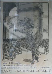 (PREMIERE GUERRE MONDIALE) Affiche Guerre 1914-1918: 4e Emprunt National. "Pour le triomphe Souscrivez à l'emprunt national, les souscriptions sont reçues à Paris et en Province / Banque Nationale de Crédit"