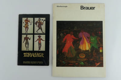 BRAUER Réunion de 2 catalogues d'exposition. 1. Brauer April - May 1969 Marlborough Fine Arte, London.5 reproductions couleur et 6 en NB (marque de mouillure en pied de toutes les pages) // 2. Brauer Galerie Octave Negru, Paris. 10 mai - 10 juin 1977. 9 reproductions couleur. Biographie. Expositions personnelles.
