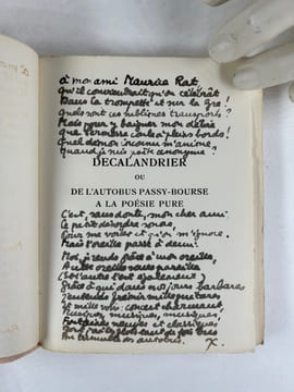Decalandrier ou de L'Autobus Passy-Bourse à la Poésie pure. Très bel envoi pleine page à Maurice Rat sous forme de poème.. Tristan DEREME